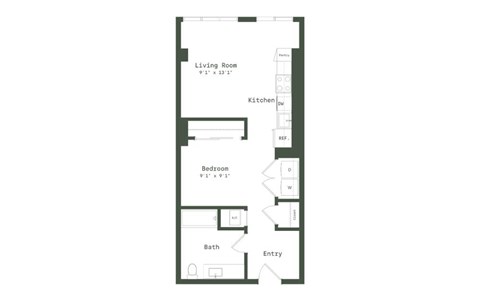 Floor plan for 1 bed, 1 bath, 634 sqft